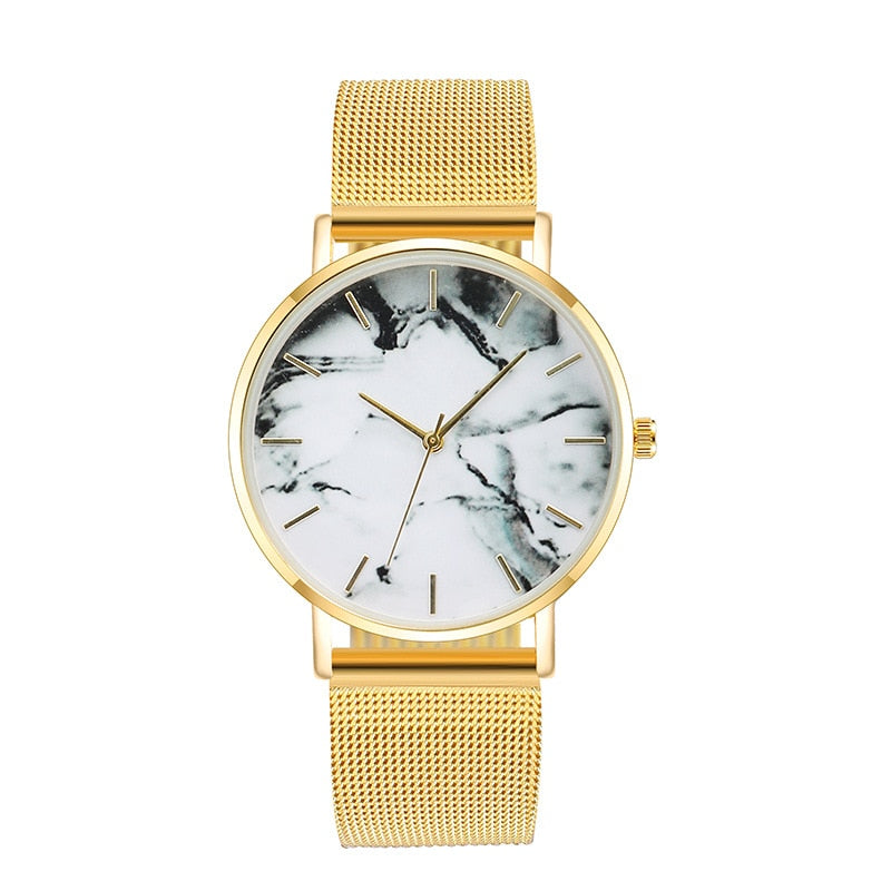 Rose Gold Mesh Band; Marble Wrist Watch Luxury  Quartz