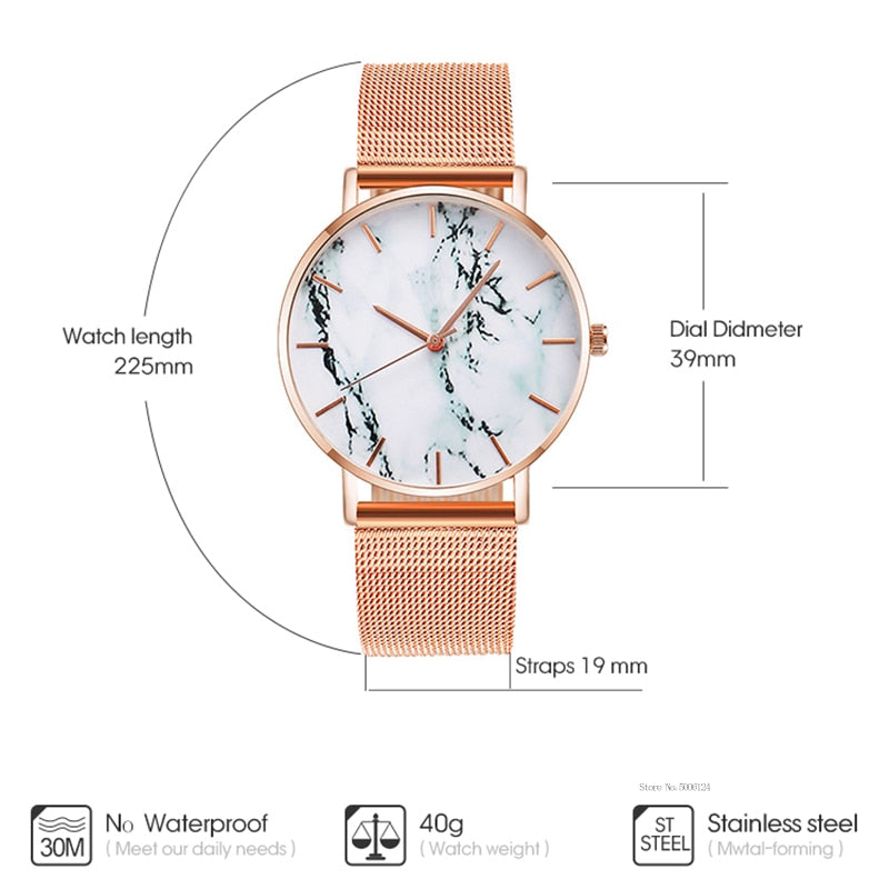 Rose Gold Mesh Band; Marble Wrist Watch Luxury  Quartz