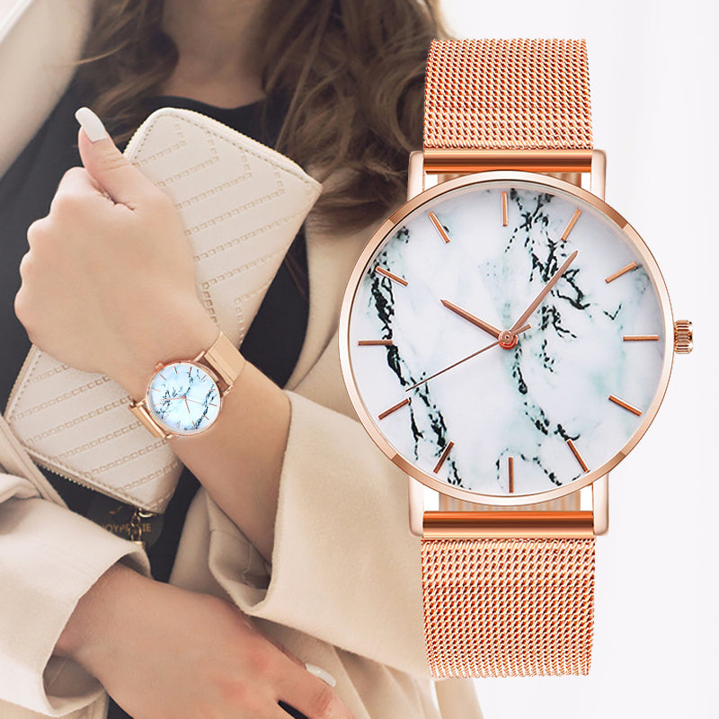 Rose Gold Mesh Band; Marble Wrist Watch Luxury  Quartz